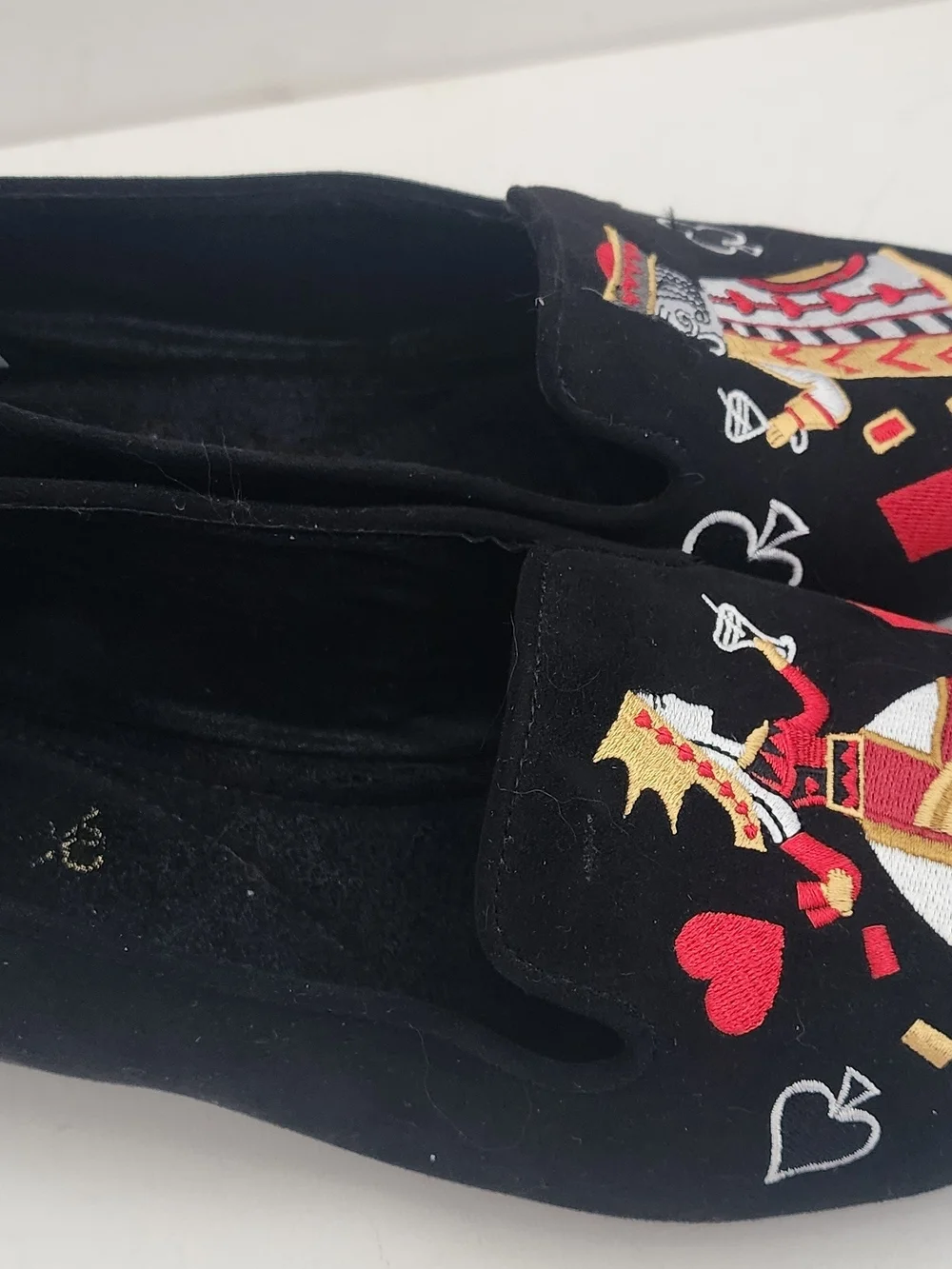 J.Renee Black Velvet Loafers with Colorful Playing Card Embroidery